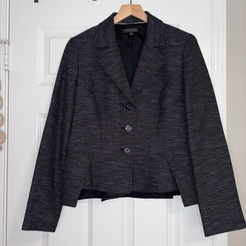 Anne Klein Tweed Blazer Notch Lapel Structured Peplum-Style Flared Hem Waist 12
